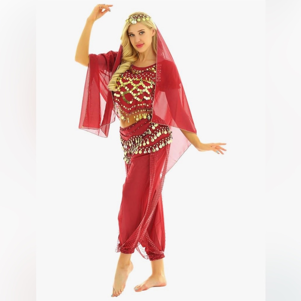 Red with gold accents sparkly belly dancer costume